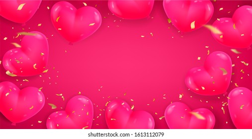 Valentine's day concept background. Vector illustration. 3d red hearts. Cute love banner or greeting card. Pink web banner with free space.