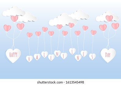Valentines day concept background. Vector illustration. Pink paper hearts fly with white paper heart on blue sky and cloud. Cute love sale banner or greeting card