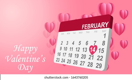 Valentine's day concept background. Vector illustration. 3d pink paper hearts with calendar. Cute love banner or greeting card