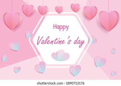 Valentine's day concept background. Vector illustration. sweet red and pink paper cut hearts with white Hexagon frame. Cute love sale banner or greeting card