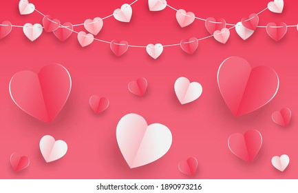 Valentine's day concept background. Vector illustration. 3d red and pink paper hearts. Cute love sale banner or greeting card