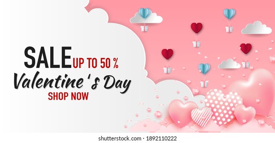 Valentine's day concept background. Vector illustration. 3d red and pink paper hearts. Cute love sale banner or greeting card