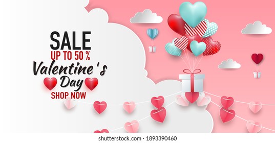 Valentine's day concept background. Vector illustration. 3d red and pink paper hearts. Cute love sale banner or greeting card