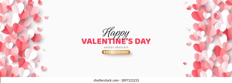 Valentine's day concept background. Vector illustration. 3d red, white and pink paper cut hearts frame or border. Cute love sale banner or greeting card