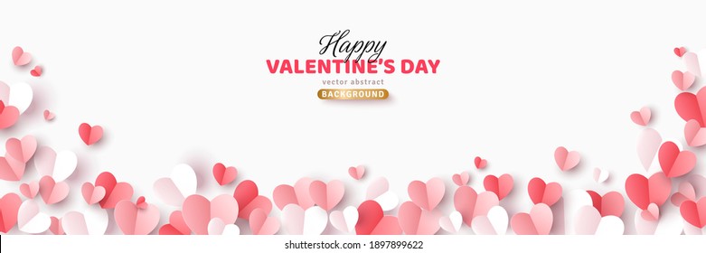 Valentine's day concept background. Vector illustration. 3d red, white and pink paper cut hearts frame or border. Cute love sale banner or greeting card