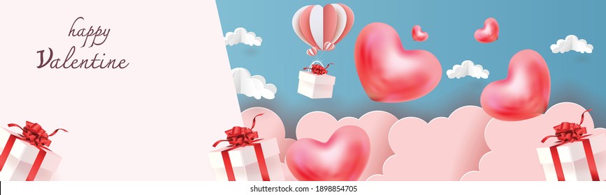 Valentine's day concept background. Vector illustration. 3d red and pink paper  realistic hearts cover  greeting in papercut realistic style. Paper clouds, flying banner.