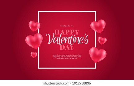 Valentine's day concept background. Vector illustration. 3d red and pink paper hearts with white square frame. Cute love sale banner or greeting card. Valentines day sale poster.