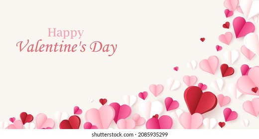 Valentine's day concept background. Vector illustration. 3d red and pink paper hearts . Cute love sale banner or greeting card