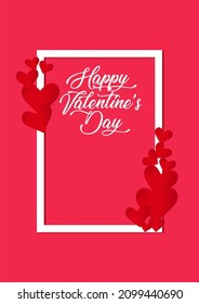 Valentine's day concept background. Vector illustration. 3d red and pink paper heart with white square frame. Banner or greeting card