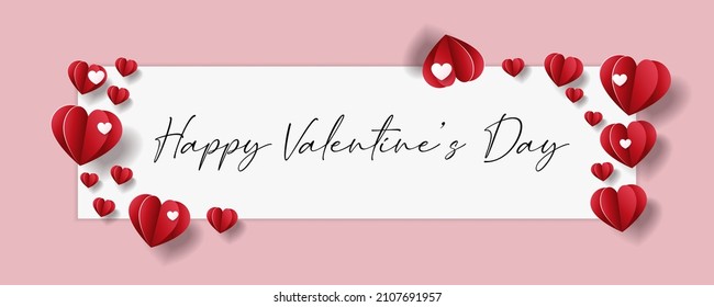 Valentine's day concept background. Vector illustration. 3d red and white paper hearts with pink background. Cute love Valentine's day banner or greeting card.