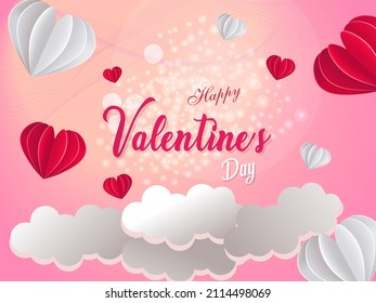 Valentine's day concept background. Vector illustrations. 3d red and white paper hearts with white clouds. Cute love sale banner or greeting card