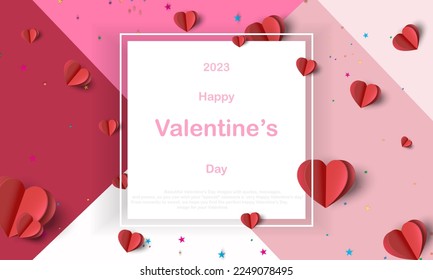 Valentine's day concept background, vector illustration. 3d red and pink paper heart with white square frame.cute love sale banner or greeting card