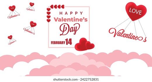 Valentine's day concept background. Vector illustration. 3d red hearts flying with valentines text on white background for Love and Valentine's day concept