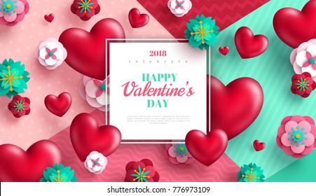 Valentine's day concept background. Vector illustration. 3d red hearts and paper cut flowers with white square frame. Cute love sale banner or greeting card