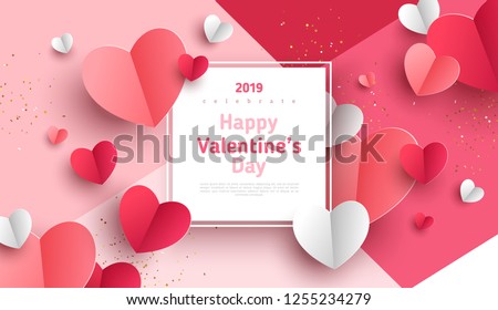 Valentine's day concept background. Vector illustration. 3d red and pink paper hearts with white square frame. Cute love sale banner or greeting card