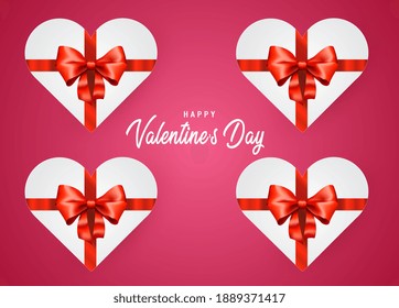 Valentine's day concept background, white heart boxes with ribbons, 3d red and pink paper hearts with white square frame. Cute love sale banner or greeting card.