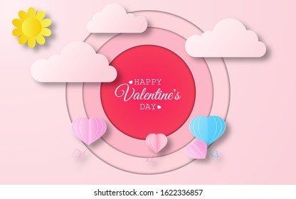 Valentine's day concept with balloon flying and sun against clouds, Paper cut style, Vector symbols of love, soft pink gradient background