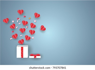 Valentine's day concept.Red balloons in heart shape are floating out of a white gift box.Vector illustration.Paper and craft art
