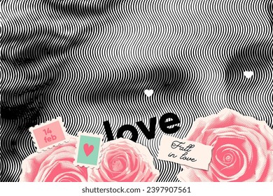 Valentine's day concept banner or card template design with female antique sculpture retro grunge halftone vector cutout collage with flower paper stickers elements.