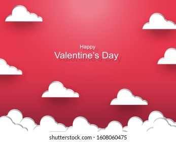 Valentine's day concept banner. Clouds with light ray and red background. Romantic greeting card. vector illustration.