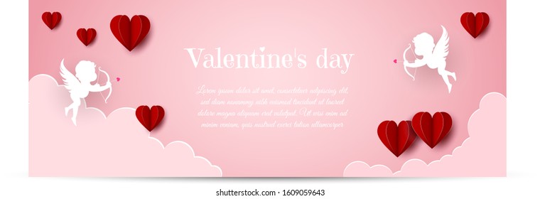 Valentine's day concept. Valentine's day banner, clouds in the sky, angels, hearts. Heart origami mobile.