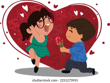 Valentine's day concept banner with couples, gift box, flowers and a lot of hearts.