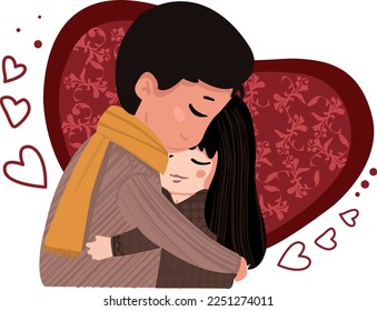 Valentine's day concept banner with couples, gift box, flowers and a lot of hearts.