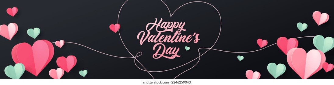 Valentine's day concept banner. Vector illustration. 3d red, pink and green paper hearts with frame on geometric background. Cute love sale banners or greeting cards, mobile apps, web.