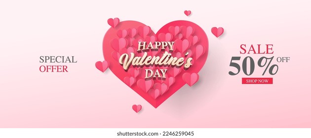 Valentine's day concept banner. Vector illustration. 3d red, pink and green paper hearts with frame on geometric background. Cute love sale banners or greeting cards