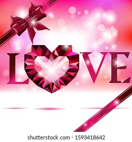 Valentine's day concept. Beautiful 3d red (ruby) crystal hearts with sparkles and bokeh background. Romantic design for greeting cards, wallpapers, flyers, invitations, posters, brochures, banners.
