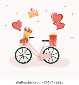 Valentines day concept with bicycle design. Valentine flat symbol- bicycle. Holiday of love in cute style with heart balloons and flowers. Stock vector illustration isolated on white background