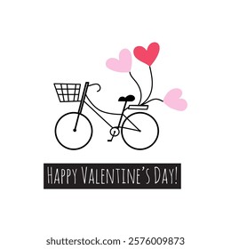 Valentine's day concept. A bicycle with hearts balloons. Greeting card.