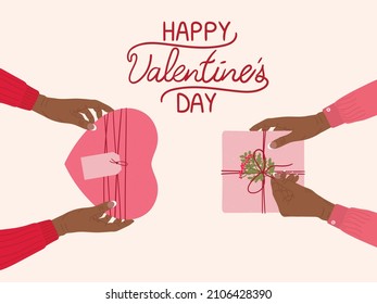 Valentine's day concept. Black women exchange romantic gift boxes wrapped into kraft paper with hearts. Lgbt card, homosexual, lesbian couple. Hand drawn vector illustration.