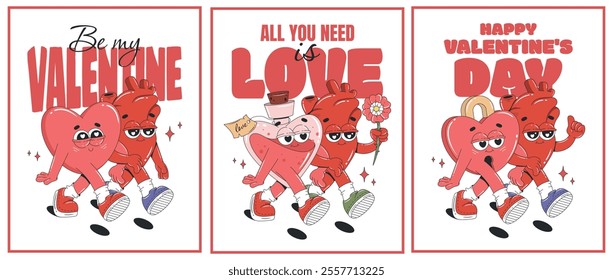 Valentine's day concept card set with cartoon characters. Heart, love potion, love lock. Romantic vector illustration for flyer, banner, poster. 