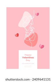 Valentine's day concept card. Social media post with hearts and clouds. 3d red and pink paper hearts with frame on geometric background. Line face couple. Vector illustration
