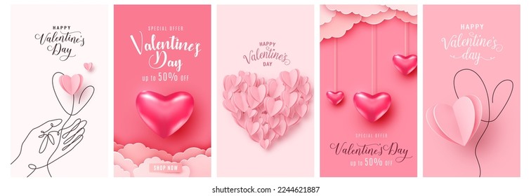 Valentines day concept card vector illustration. 3d pink paper cut and realistic hearts, line hand, greeting sale text. Cute love discount offer templates.