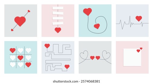 Valentine's day concept cards vector illustration. Minimal concept of hearts connection, notes, tic-tac-toe, cupid heart arrow and cardiogram with Red heart. 14 February special square template.