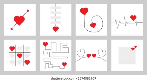 Valentine's day concept cards vector illustration. Minimal concept of hearts connection, notes, tic-tac-toe, cupid heart arrow and cardiogram with Red heart. 14 February special square template.