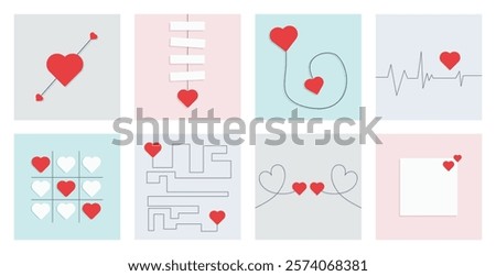 Valentine's day concept cards vector illustration. Minimal concept of hearts connection, notes, tic-tac-toe, cupid heart arrow and cardiogram with Red heart. 14 February special square template.