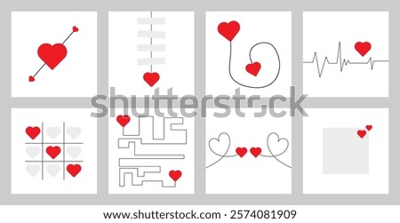 Valentine's day concept cards vector illustration. Minimal concept of hearts connection, notes, tic-tac-toe, cupid heart arrow and cardiogram with Red heart. 14 February special square template.