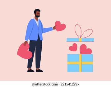Valentines day concept. Character collects valentines, hearts as a big gift. Vector illustration in a flat style