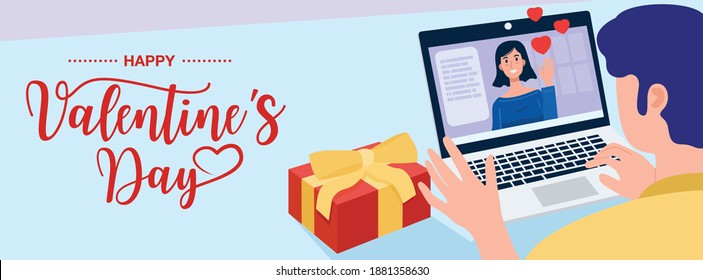 Valentine's day concept, Close-up man having video call meeting with his girlfriend at home. Vector