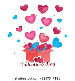 Valentine's Day Concept with confetti and hearts flying out when gift box is opened. 