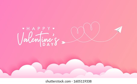 Valentines day concept, continuous line of heart with paper plane. Happy valentines day calligraphy lettering on pink background