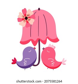 Valentine's day concept with a couple of cute birds under an umbrella. Vector hand drawn illustration