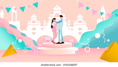 Valentine's day concept
Couple on color peach background with castle building, web design, banner, invitation card, valentine and happy new year