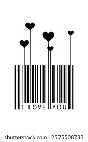 Valentines Day concept, creative barcode Design, I Love You text and heart symbols, black vector logo silhouette isolated on white background
