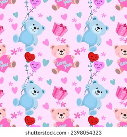 Valentines day concept cute bear with heart shape balloon and gift seamless pattern for fabric textile wallpaper gift wrap paper background.