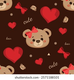Valentines day concept cute bear with heart shape and ribbon seamless pattern