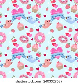 Valentines day concept. Cute bird with heart shape, donut and flowers seamless pattern for fabric textile wallpaper gift wrap paper background.